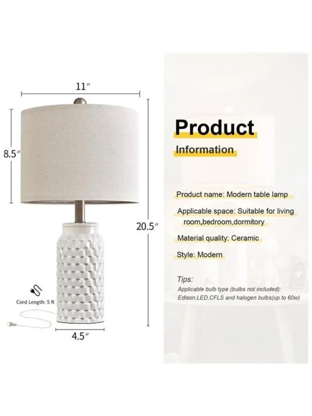 White ceramic table lamp set of 2 modern farmhouse bedside lamps for bedroom